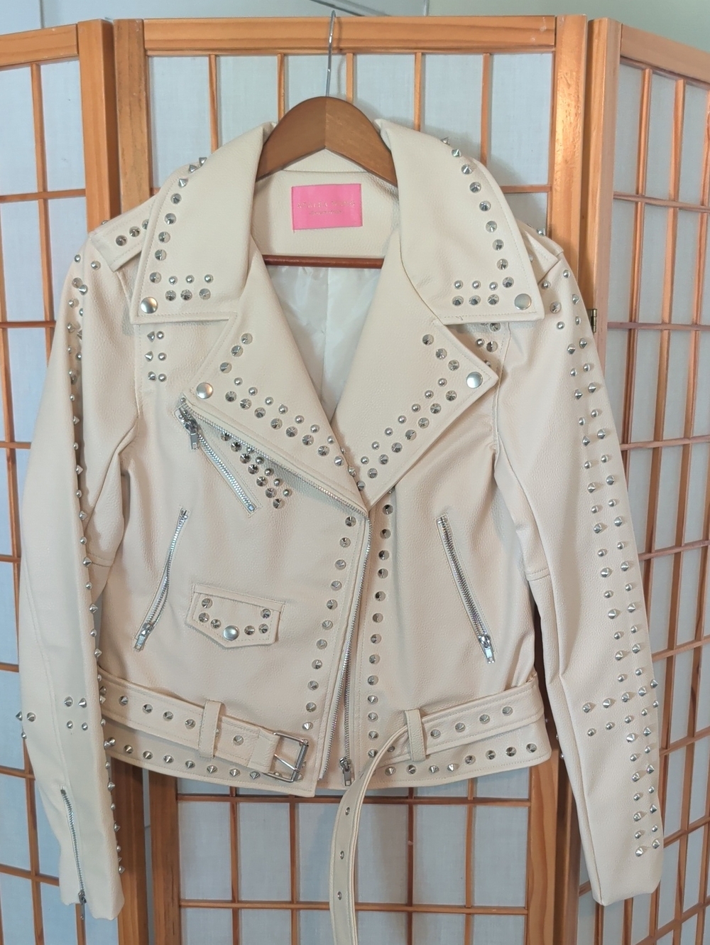 Studded Faux Leather Moto Jacket - Cream